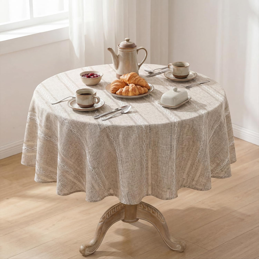 Light Coffee Round Tablecloth, 60×60 Inch, Farmhouse Style