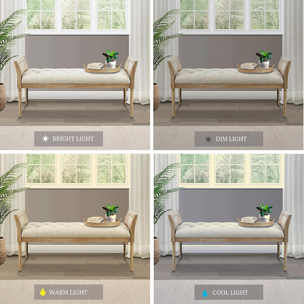 Isla Entryway Accent Bench Bedford Collection, Tufted Seat, Cane Side Frames, Farmhouse Bed End Bench , Indoor