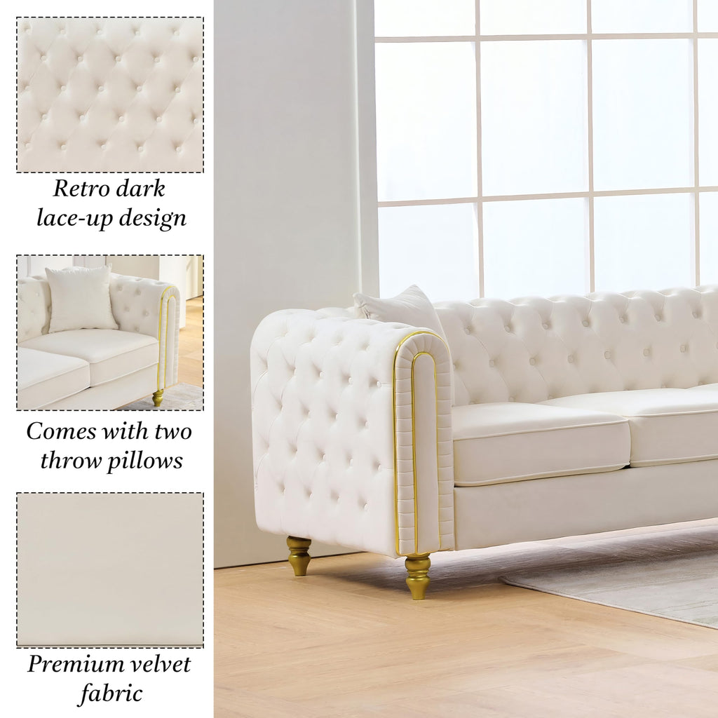 Chesterfield 86" 3-Seater White Sofa Sets, 3+2-Seater Couch Comfy Sofa, Button Tufted Rolled Arms and Gold Legs for