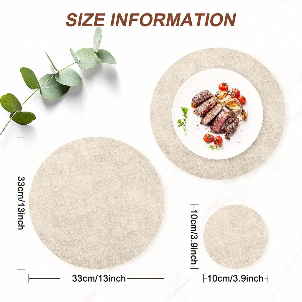 Round Faux Leather Placemats and Coasters, Reversible Heat Resistant Non-Slip Table Mats, Waterproof - Set of 6