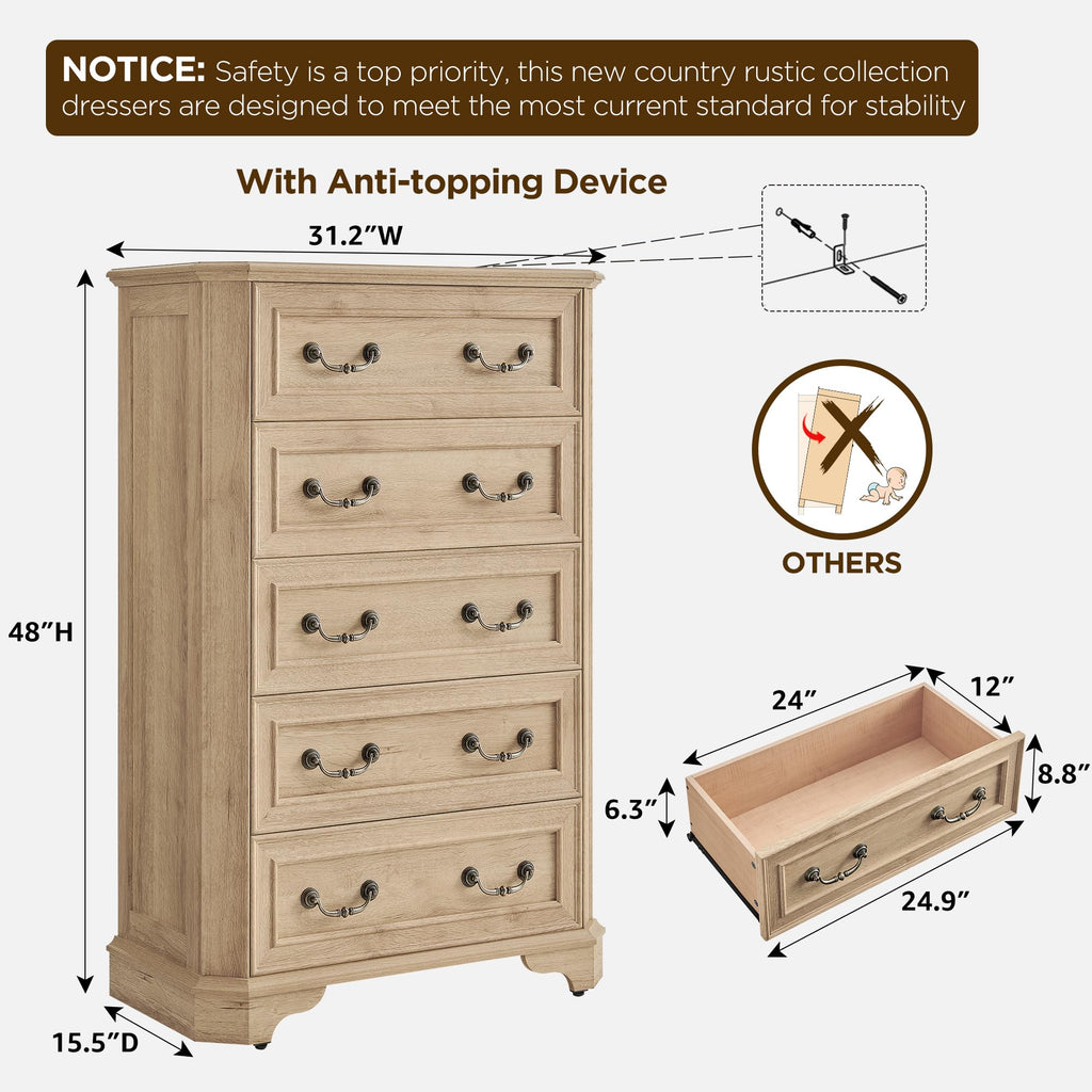 Farmhouse 5 Drawers, 48" Tall Wood Rustic Chest of Drawers with Natural Texture, Vintage Design, Storage Dressers