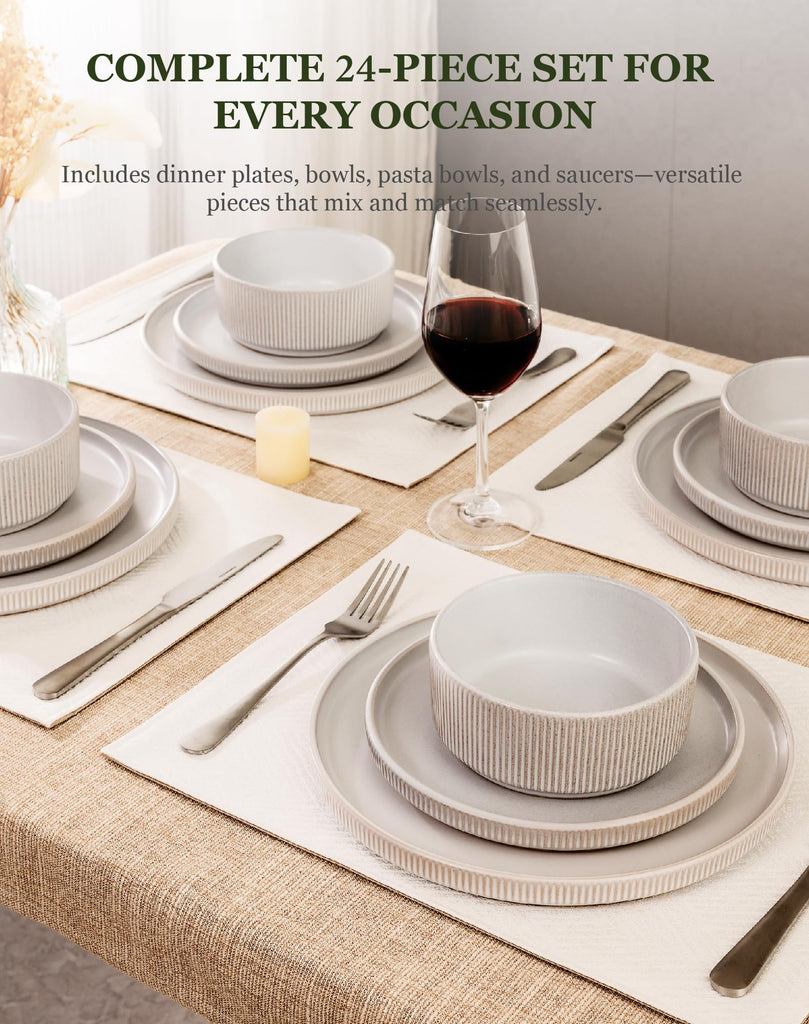 24-Piece Dinnerware Set for 6 with bowl, Ribbed Stoneware Plates and Bowls Sets, Unique Handcrafted Reactive Glaze