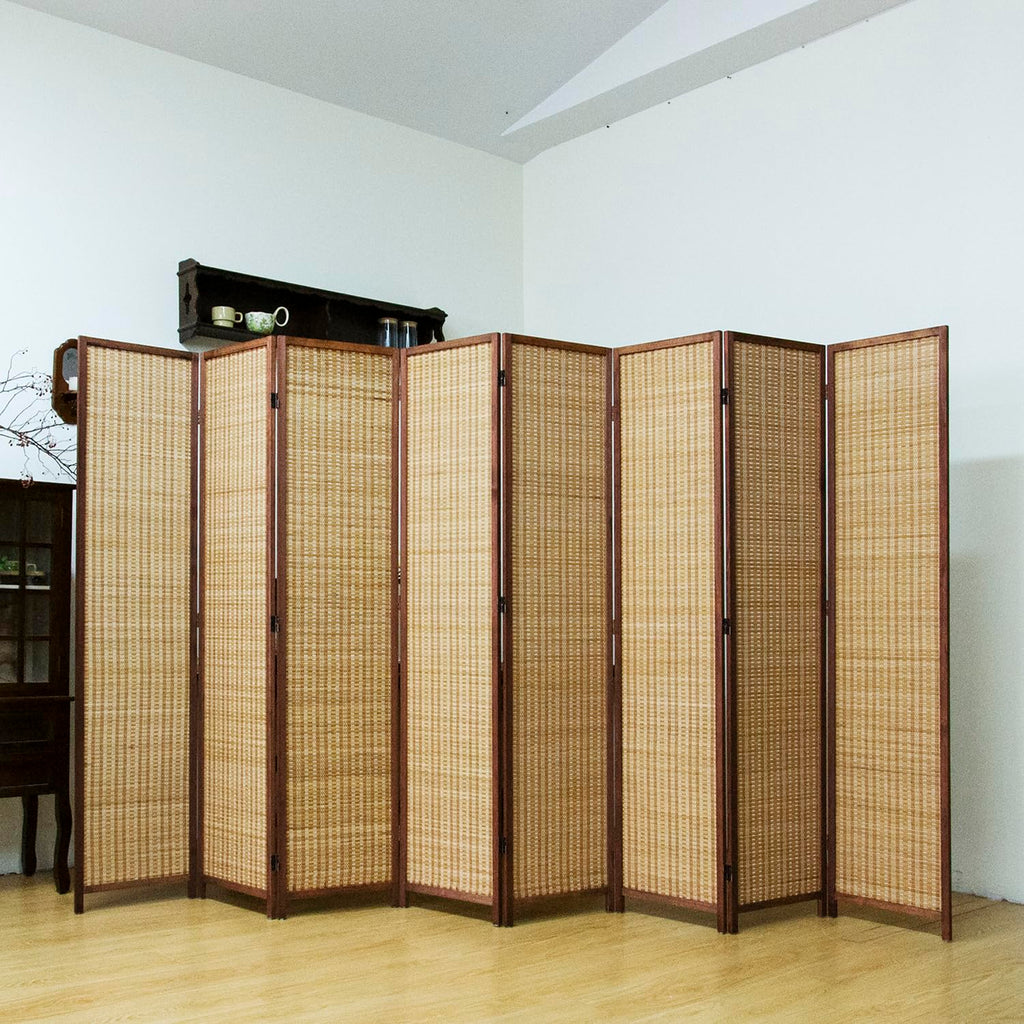 8 Panel Bamboo Room Divider - 5.6 ft Tall Brown Folding Privacy Screen, Double-Sided Freestanding Partition Wall with