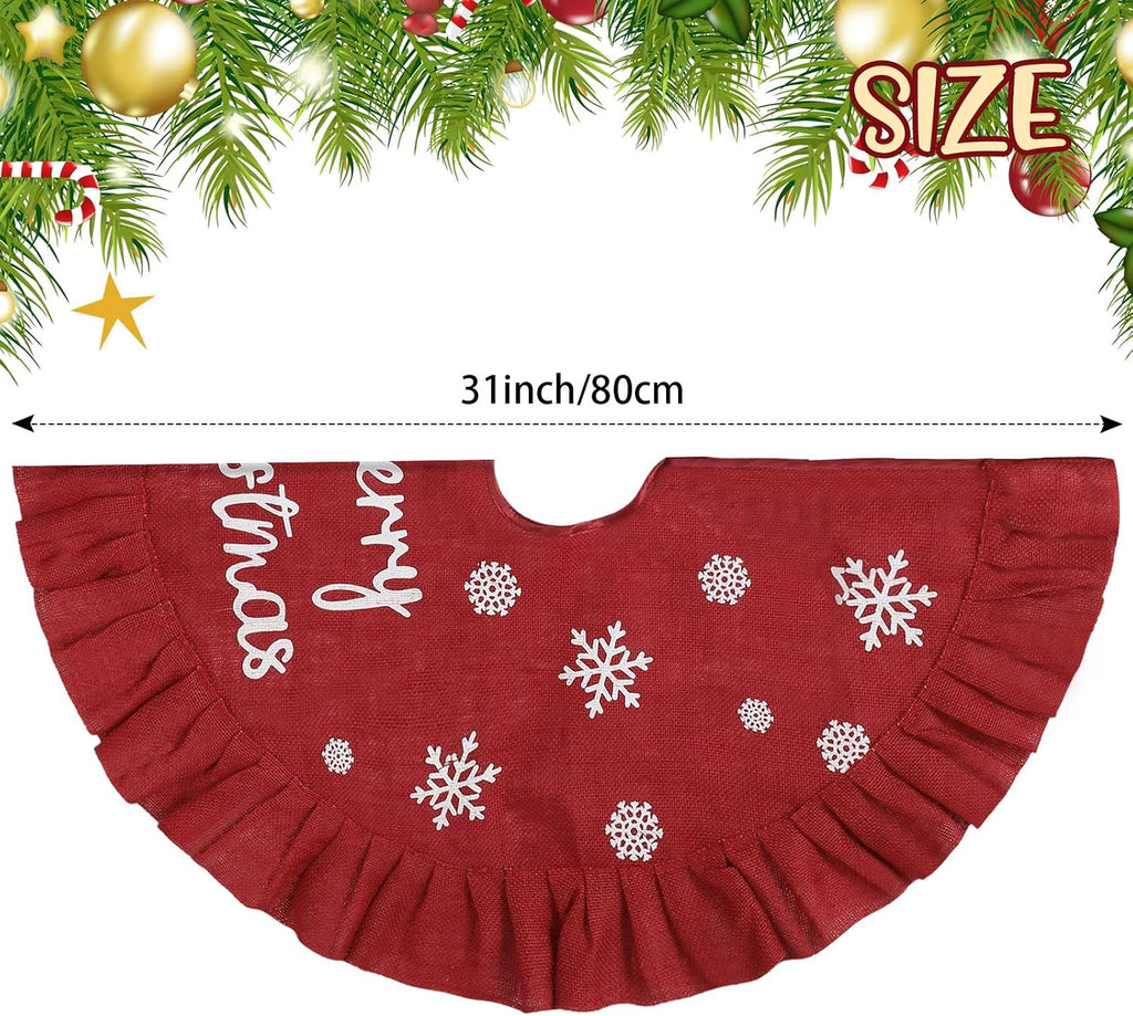 31 Inch Christmas Tree Skirt Linen Burlap Red Tree Skirt with Ruffle Rustic Farmhouse Trees Ornaments Snowflake Xmas