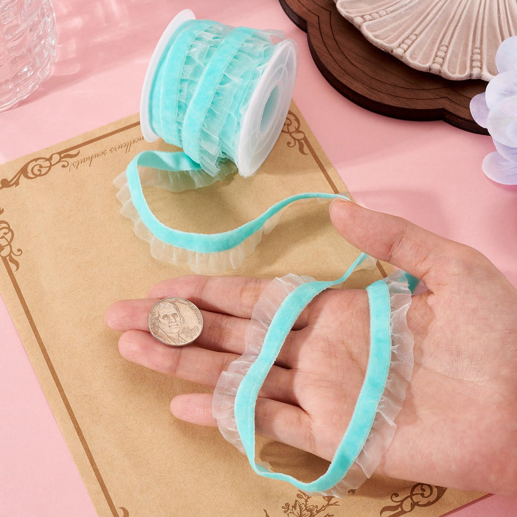 1 Roll Velvet Ruffle Lace Trims 5/8 inch Turquoise Elastic Lace Ribbons 6 Yards Pleated Velvet Organza Ribbon for