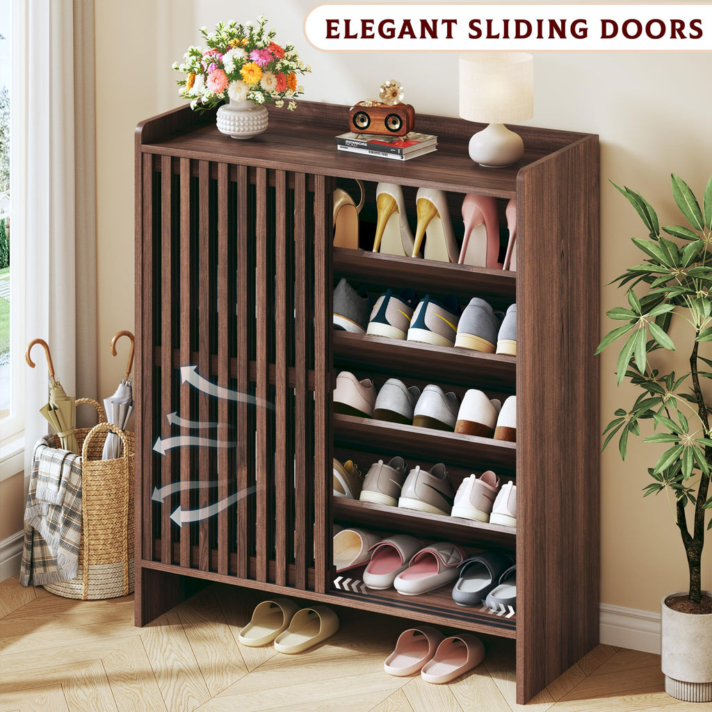 5-Tier Shoe Cabinet with Sliding Shutter Doors, Wooden Shoe Storage Cabinet with Adjustable Shelf, Modern