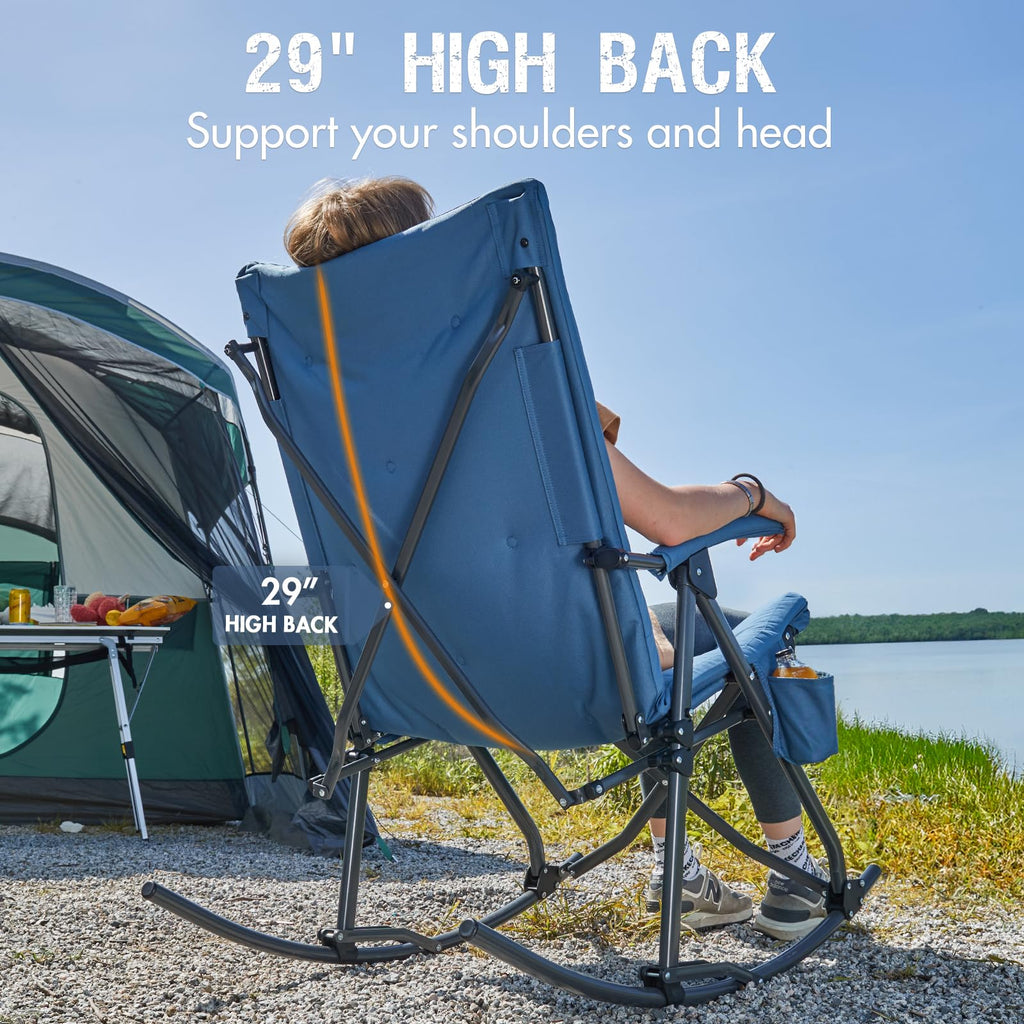 Thick Padded Folding Rocking Camping Chair Outdoor 400 LBS Blue