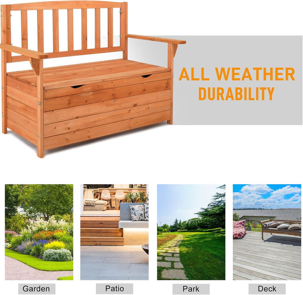 Outdoor Wood Storage Bench, Deck Box Loveseat, Natural | Waterproof Patio Organizer Provides Seating and Storage for