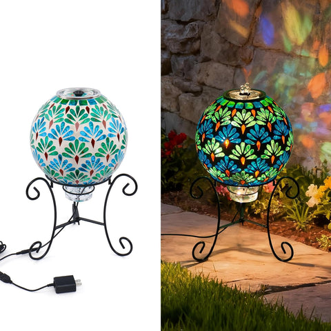 Mosaic Glass Fountain, Floor-Standing Lighted Water Feature with Quiet Pump, Indoor/Outdoor Decorative Accent Lighting