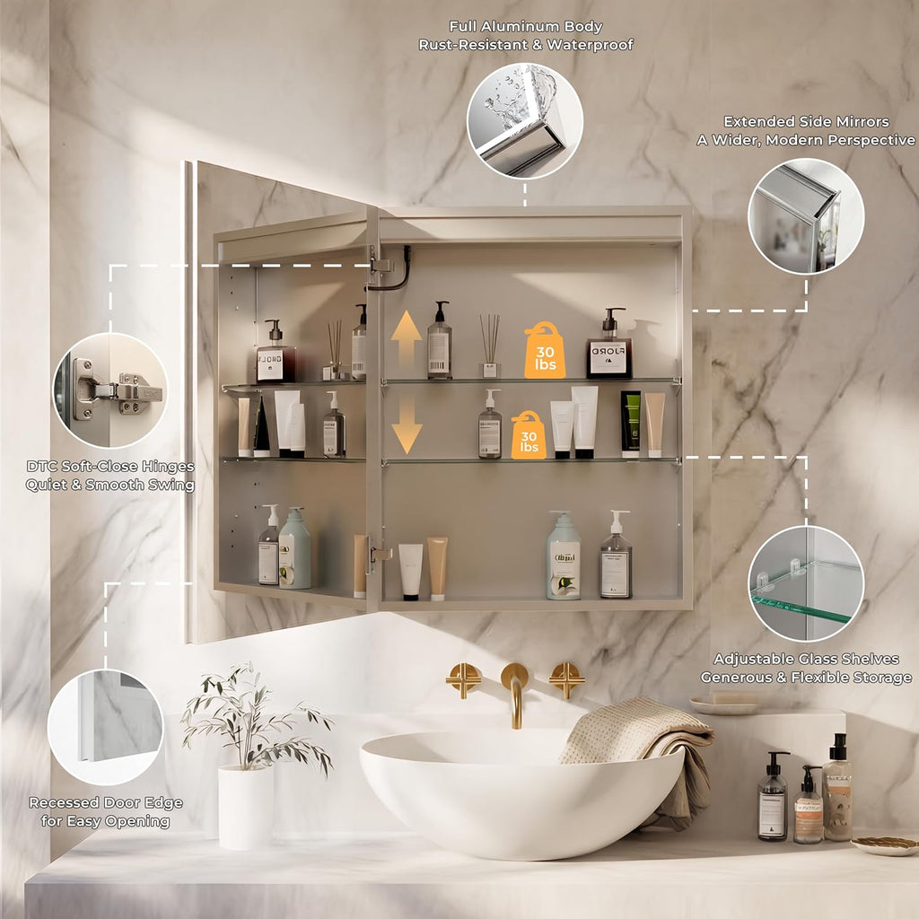 24" x 30" LED Medicine Cabinet, Lighted Medicine Cabinet, Surface & Recessed Mounting, Adjustable Color Temperature &