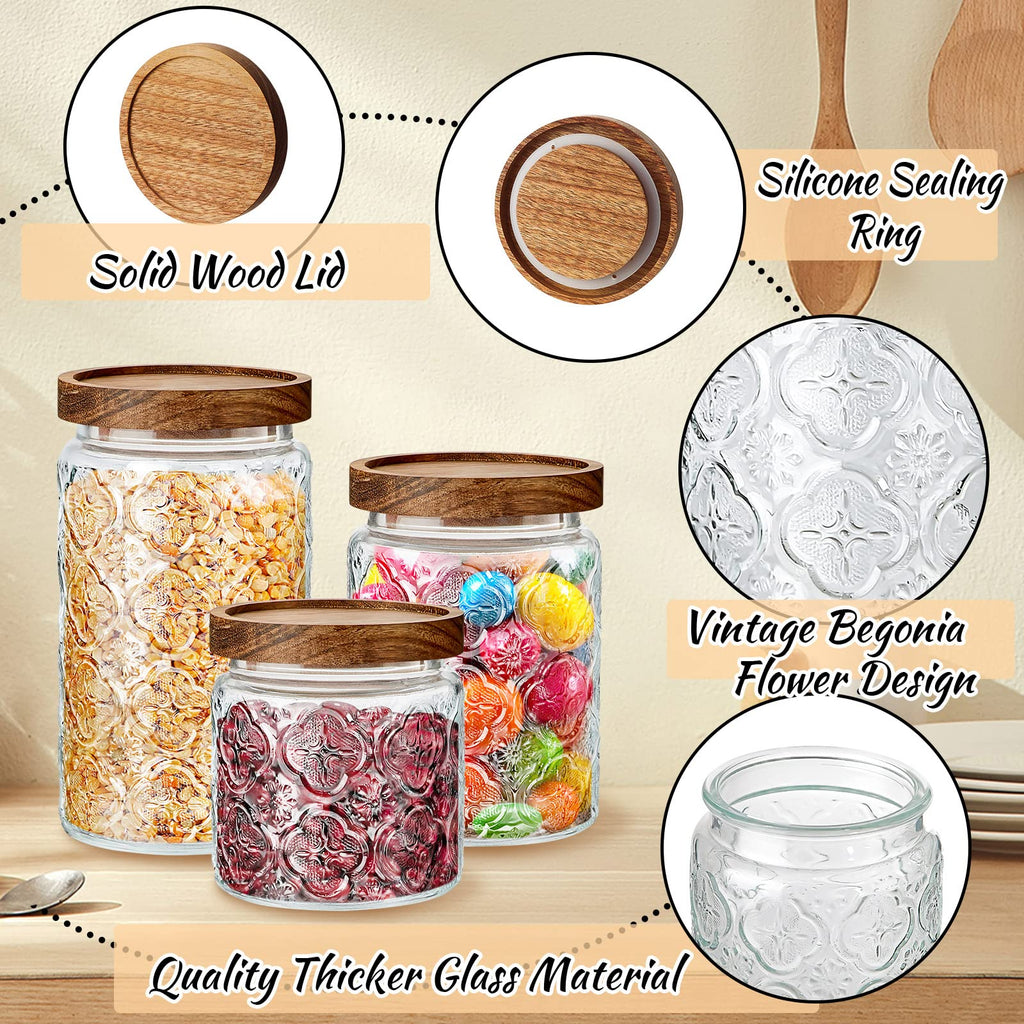3 Pcs Glass Jars Wood Lids, 17/24/34 Oz Airtight Canisters, Round