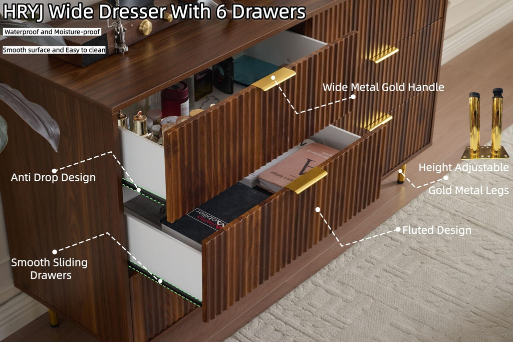 Dark Walnut Fluted 6 Drawers Dresser with Gold Handle