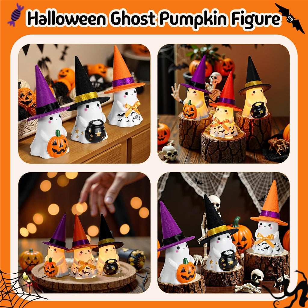 Halloween Decorations Indoor, Cute Spooky Ceramic Ghost Halloween Decorations,Ghost Figurines with Hats - Set of 3