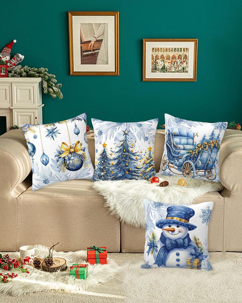 Christmas Pillow Covers,Blue Snowman Pillow Case Christmas Decorative Stuff Winter Decorations Couch Cushion - Set of 4