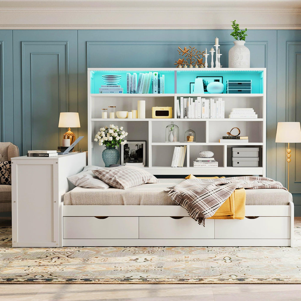 Full Size Wooden Daybed with Desk, Shelves and Lights (White/L, Full)