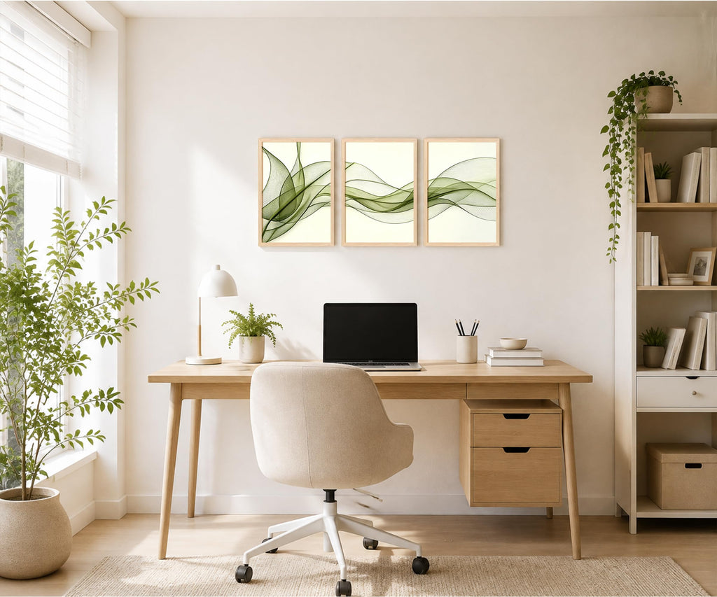 Green Leaf Wall Art Set of 3, Boho Abstract Line Botanical Framed Prints