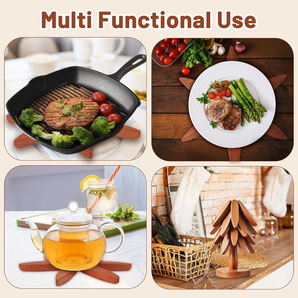 Wooden Tree Trivet Set - 4 Heat-Resistant Sapele Wood Trivets with Stand for Hot Pots and Pans, Kitchen Countertop - Set of 4
