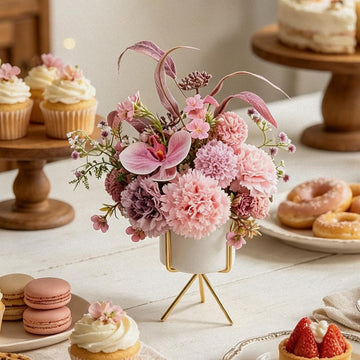 Artificial Pink Carnation and Orchid Flower Arrangement in White Ceramic Vase with Gold Stand (Pink)