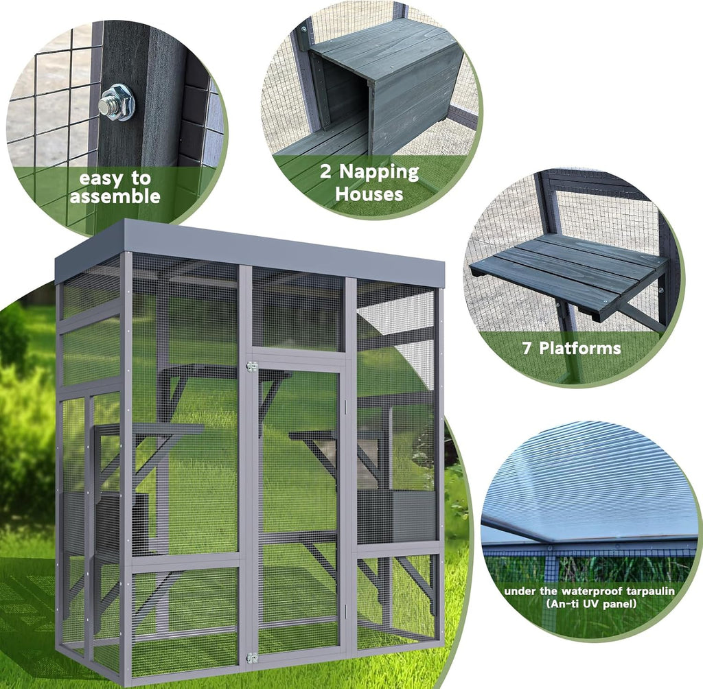 62.6in Wooden Outdoor Catio with Waterproof Roof, Platforms & 2 Cat Houses