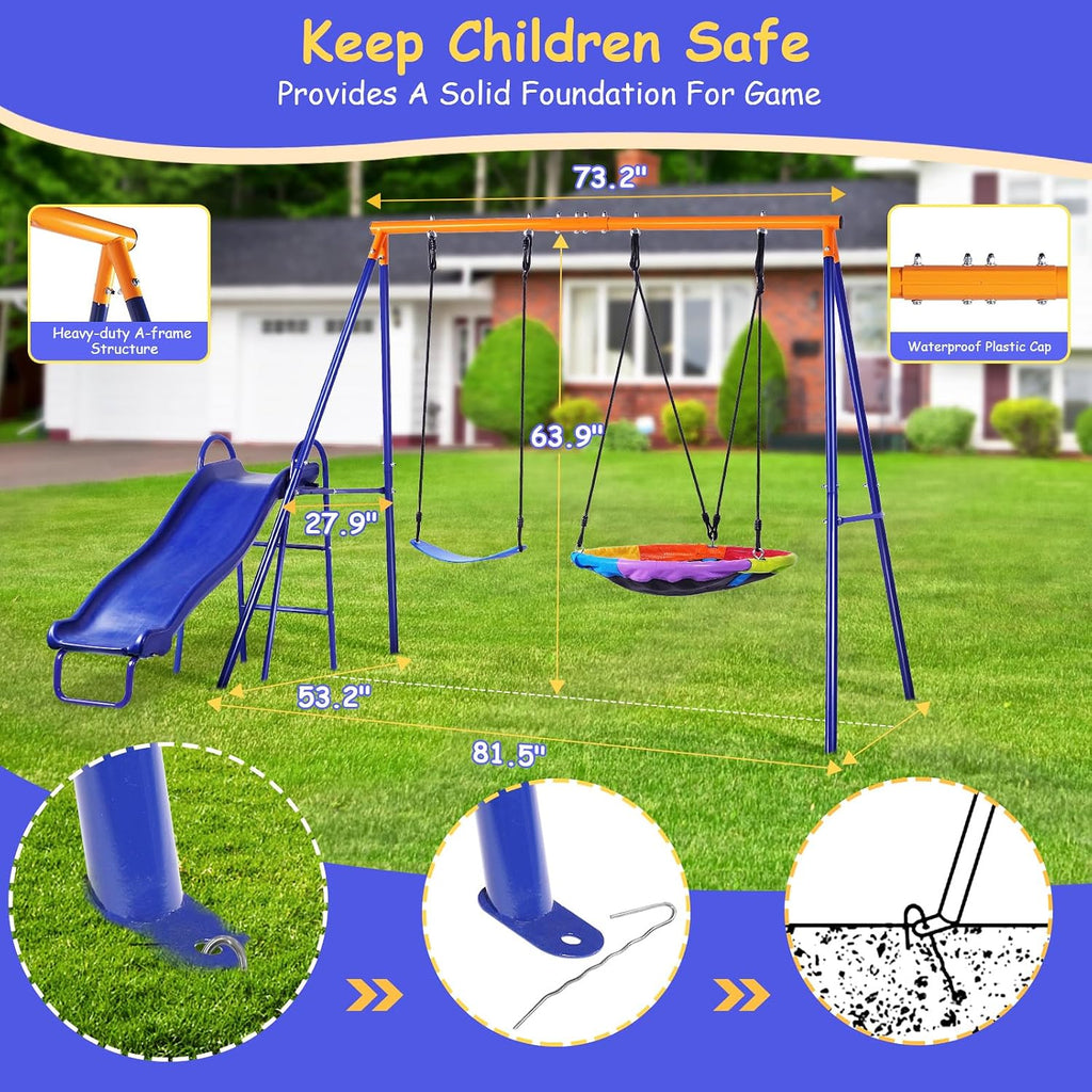 Swing Set for Backyard with Kids Slide 440lbs Heavy-Duty Metal A-Frame 1 Saucer Swing Seat 1 Swings Seat & 1 Slide
