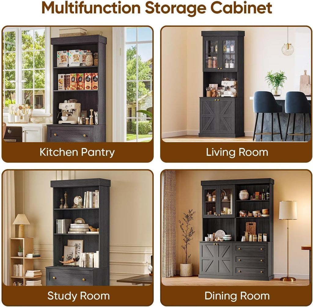 71" Farmhouse Kitchen Pantry Cabinet Set of 2 with Drawers, Black Freestanding Coffee Bar Hutch with Microwave Stand