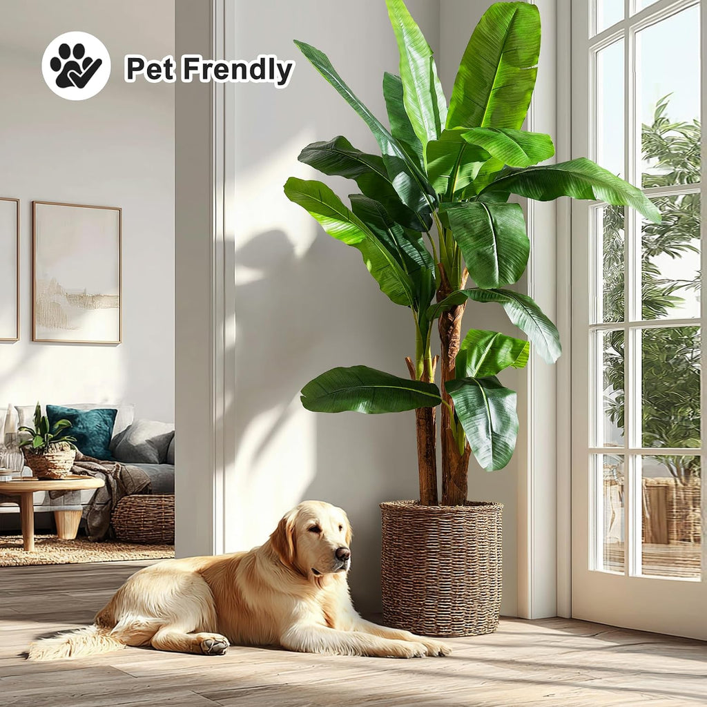 Artificial Banana Tree 6ft, Faux Tropical Palm Tree Plant with Realistic Leaves, Low Maintenance Indoor Outdoor Decor