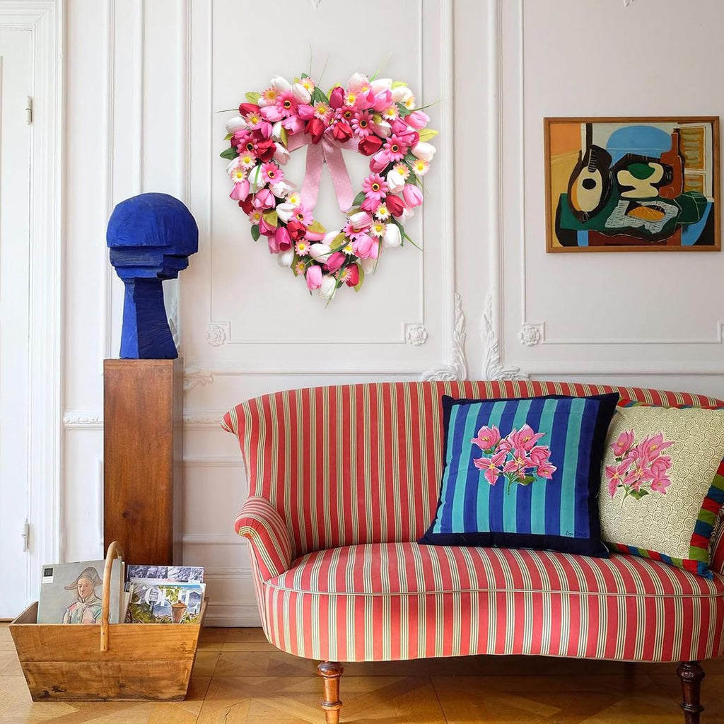 Valentine's Day Heart Shaped Tulip Wreath, 20 Inch Pink White Tulip Floral Wreath for Front Door, Artificial Flower