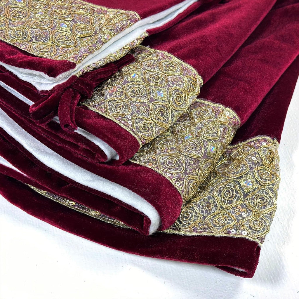 Red Velvet Christmas Tree Skirt, Gold Glitter Trim Holiday Tree Mat