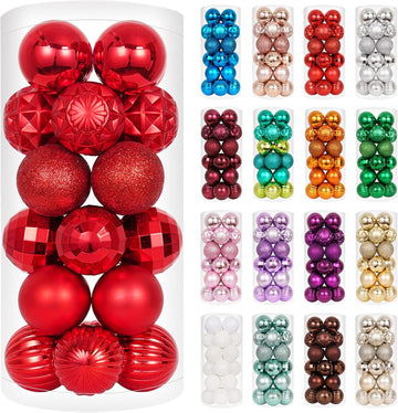 Red Christmas Ornaments for Tree Decorations, Small Shatterproof Christmas Ball Ornaments Set, Perfect Plastic - Set of 24