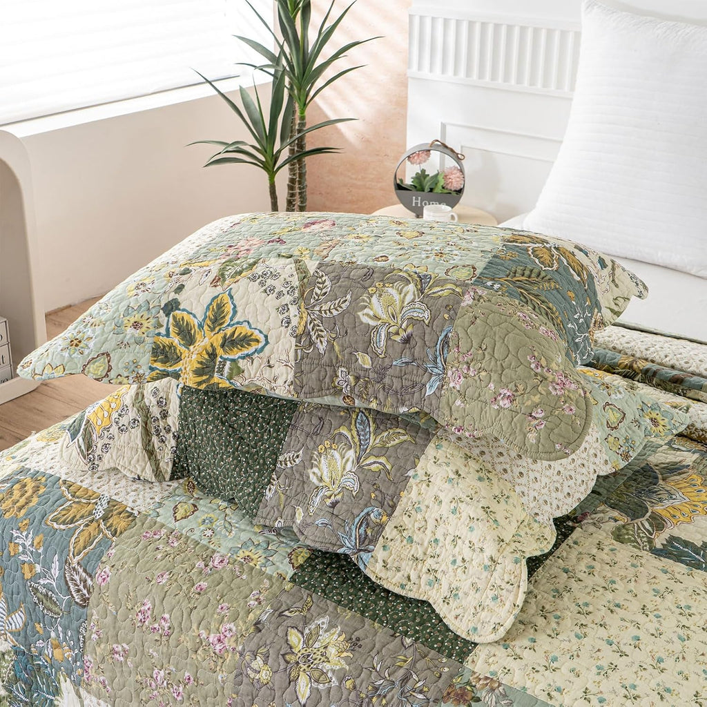 Oversized King Bedspreads Patchwork Quilt Set (120x118 Inch) | 100% Cotton Reversible Breathable Floral Quilted