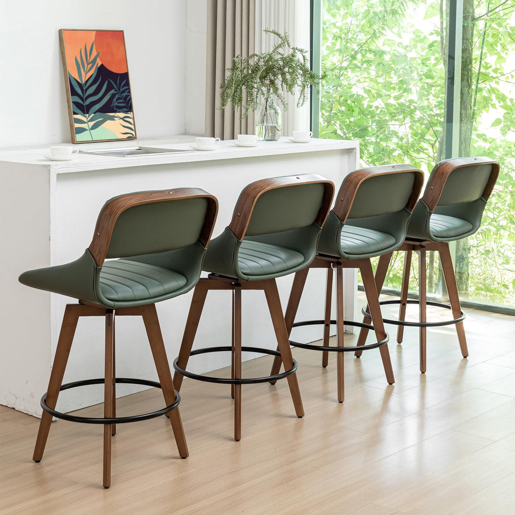 Set of 4 Bar Height Stools - 29.5 inch Mid Century Swivel Bar Stools with Upholstered Faux Leather, Walnut Crafts