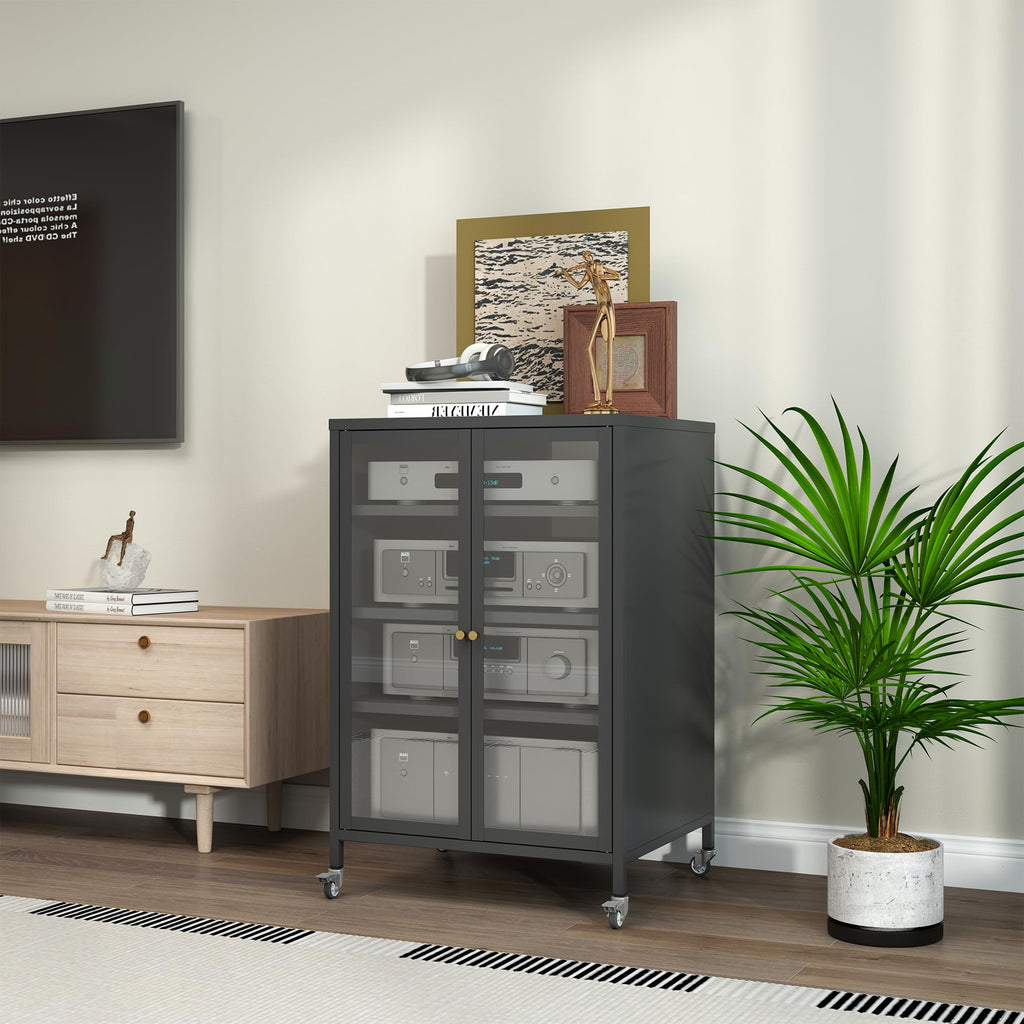 Stereo Cabinet, Metal Media Storage Cabinet with Glass Doors, Audio-Video Media Stand with 4 Adjustable Shelves, AV