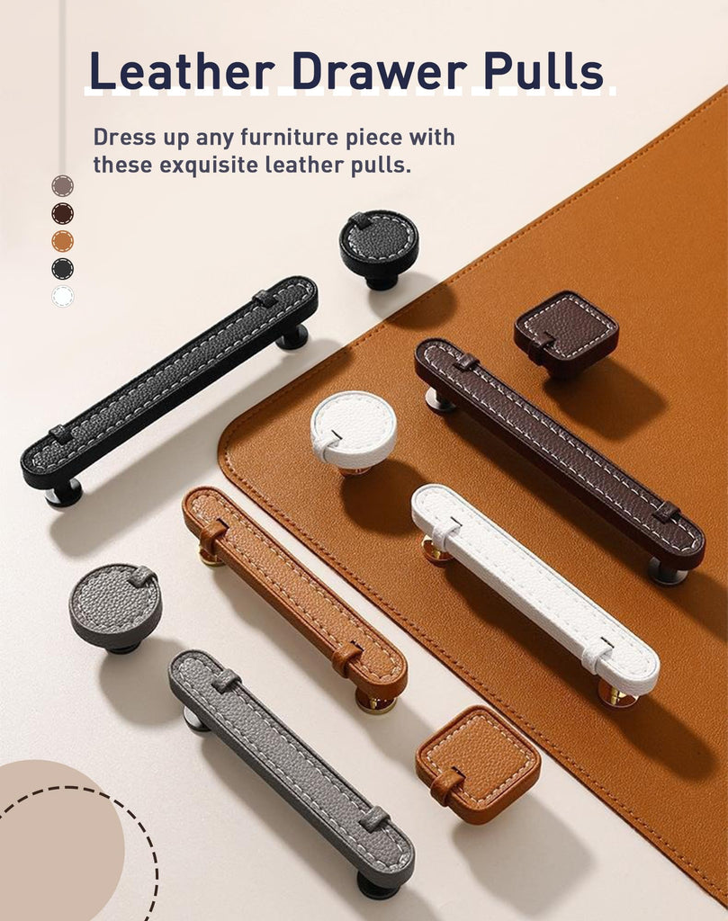 2 Pack Leather Cabinet Handle Pulls 5" Hand-Stitch Brown Leather Drawer Pulls Dresser Handle Pulls for Cabinets