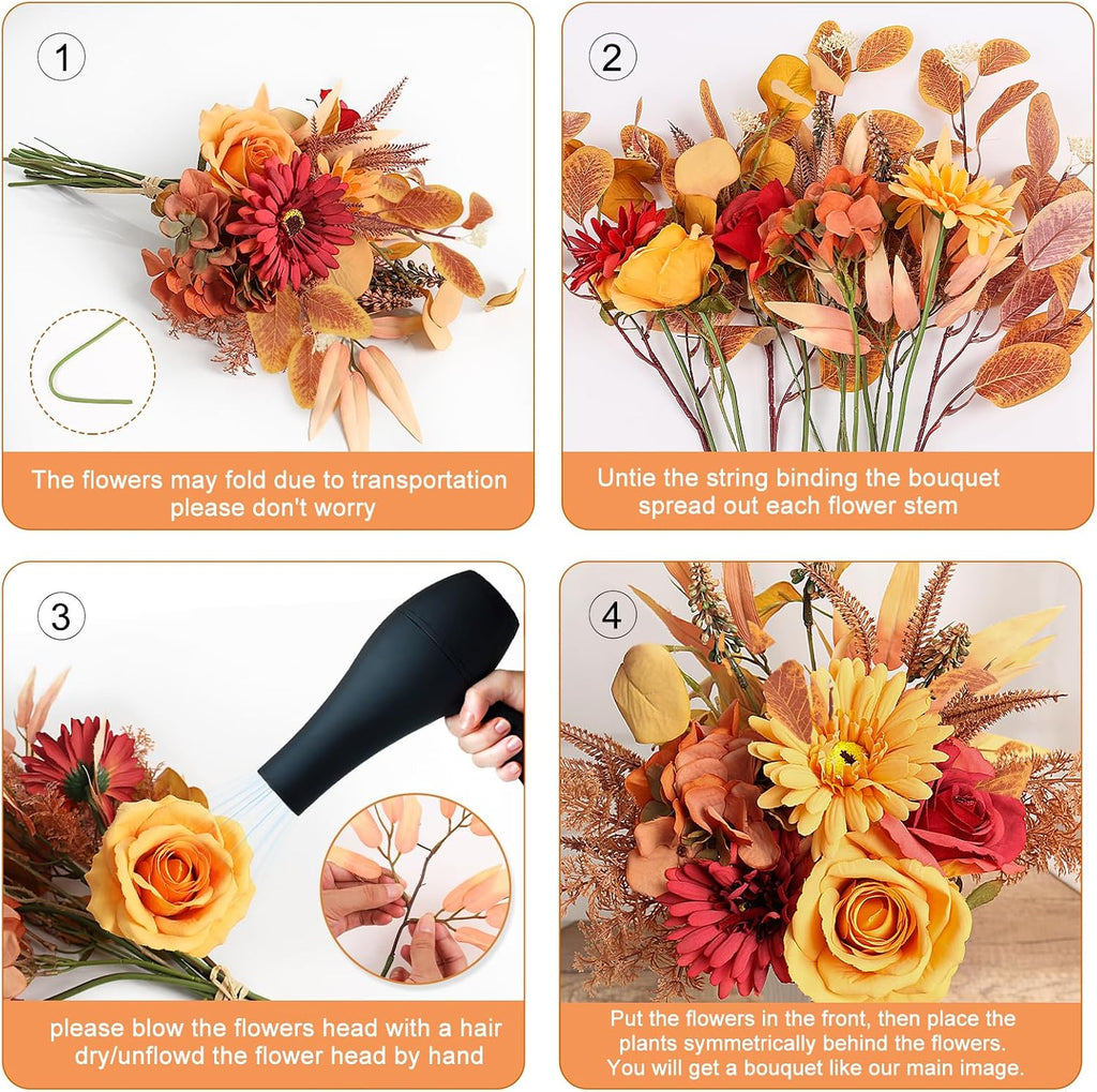 Artificial Fall Flowers Bouquet for Decoration, Fall Fake Silk Flower Arrangements Faux Autumn Flowers Fall - Set of 16