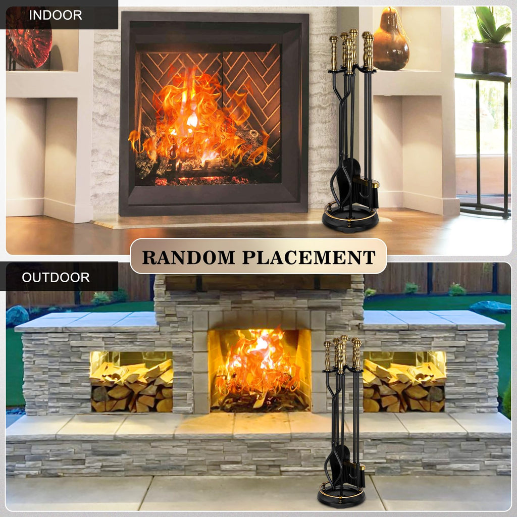 Fireplace Tools Set 5 Pcs Wrought Iron Large Fire Tool Set with Brass Handles for Outdoor/Indoor, Fireplace