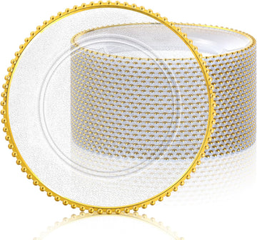 Clear Charger Plates Bulk 13 Inch Plastic Round Beaded Dinner Chargers Acrylic Frosted Grain Decorative - Set of 12