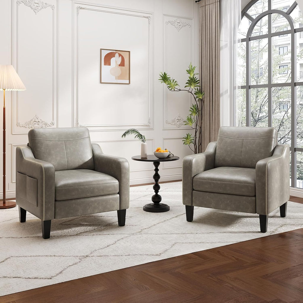 PU Leather Accent Chair, Mid-Century Modern Living Room Armchair Sofa with Removable Cushions, Solid Wood Frame &