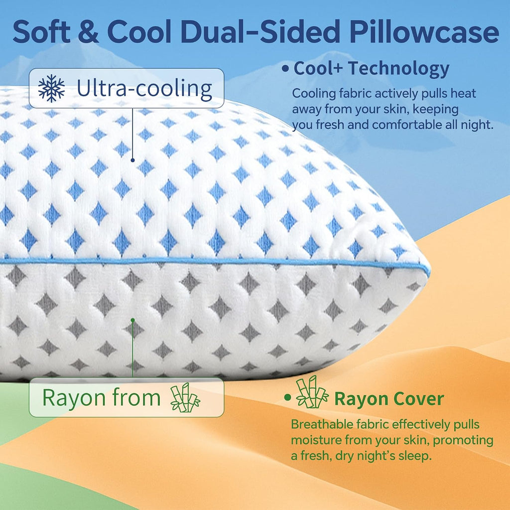 Queen Pillows Set of 2, Cooling Shredded Memory Foam Pillows | Adjustable Loft, Balanced Support, Medium Firm Feel