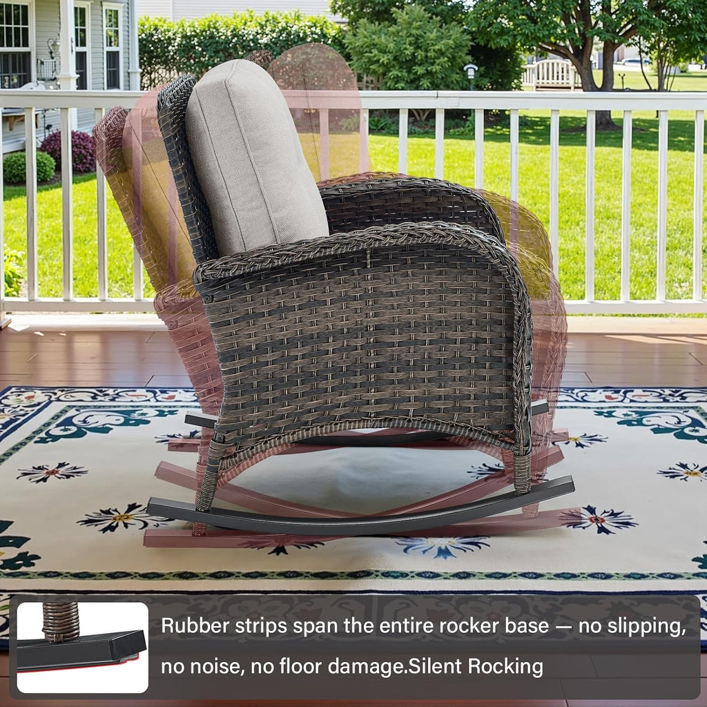 Patio Rocking Chair Wicker Chair, 1 Piece Outdoor Rocking Chair Seating with Cushions for Porch Deck Balcony