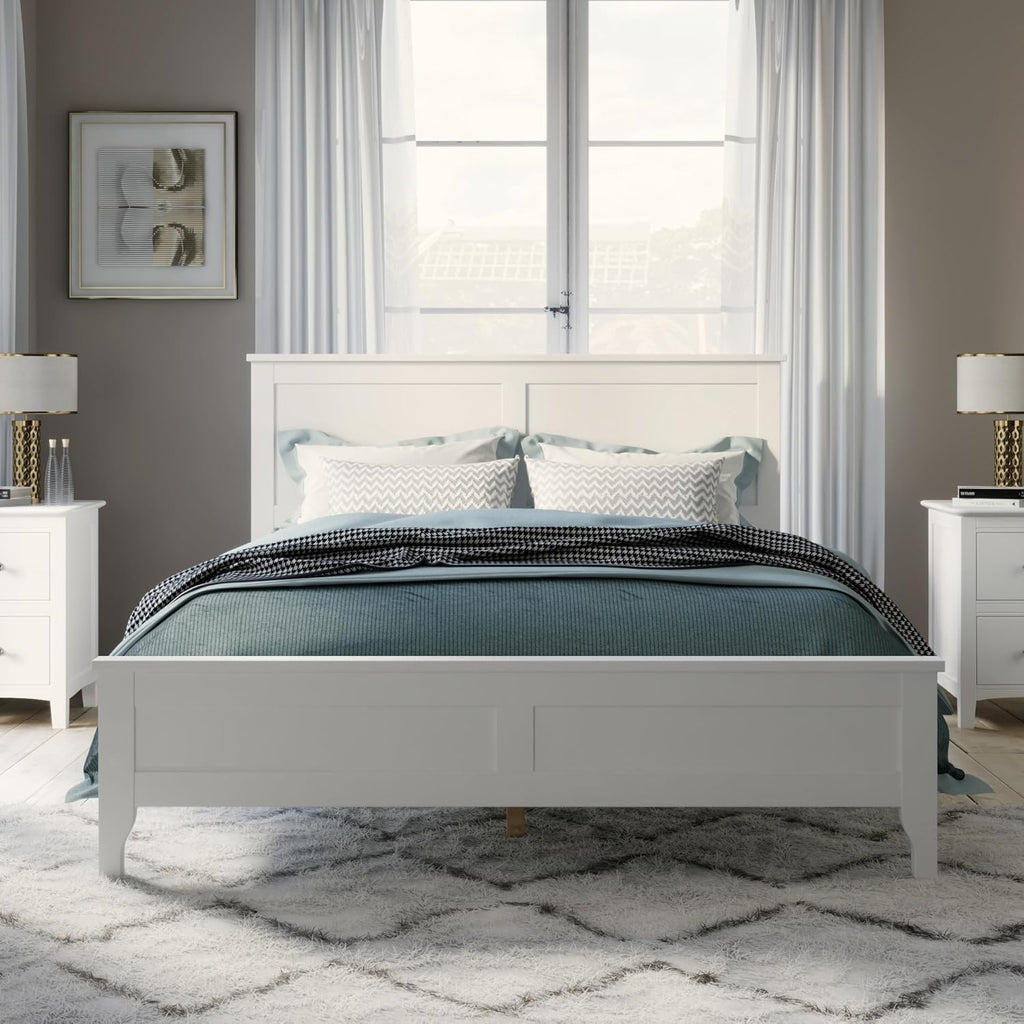 Modern Farmhouse Platform King Bed Frame, Solid Wood Platform Bed Frame with Headboard, Sturdy Wooden Foundation with