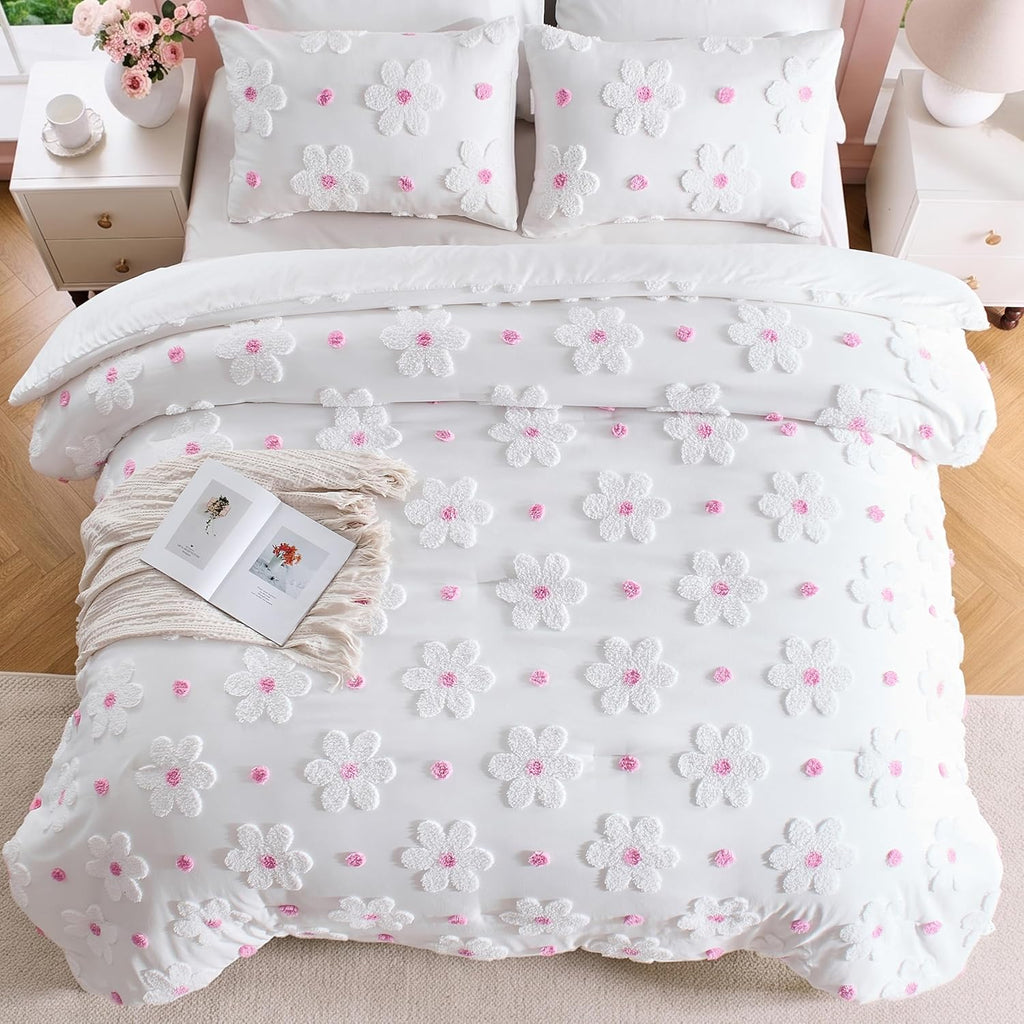 Twin Comforter Set for Girls 2 Pieces Tufted Daisies Flowers Pink Floral Twin Girls Bedding Sets Bed in A Bag Cute