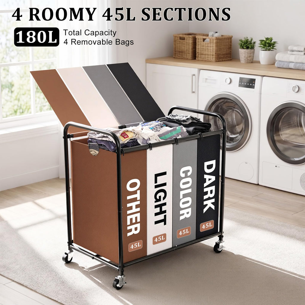 Laundry Sorter 4 Section with Lockable Wheels and Lid Multicolor