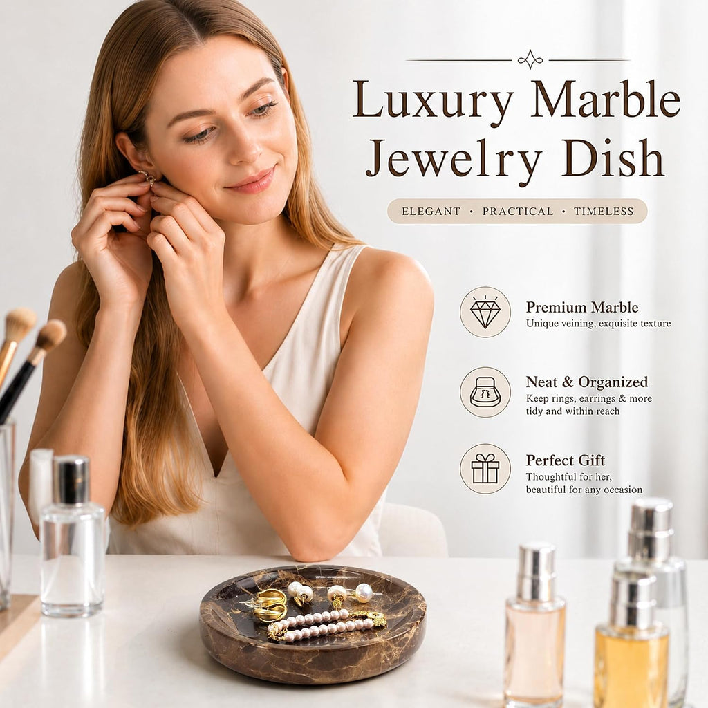 Marble Jewelry Dish, Round Ring Dish, 5.5 Inch, Dark Brown