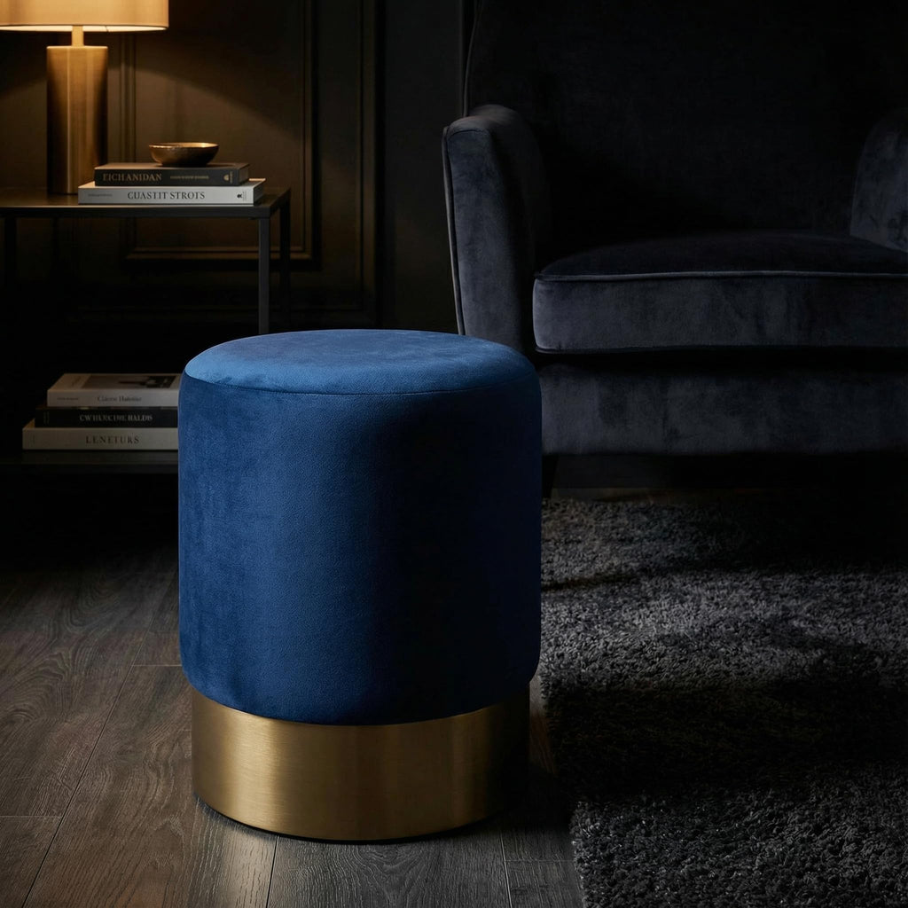 Sheppe Cylindrical Ottoman, 18", Blue Velvet With Gold Base