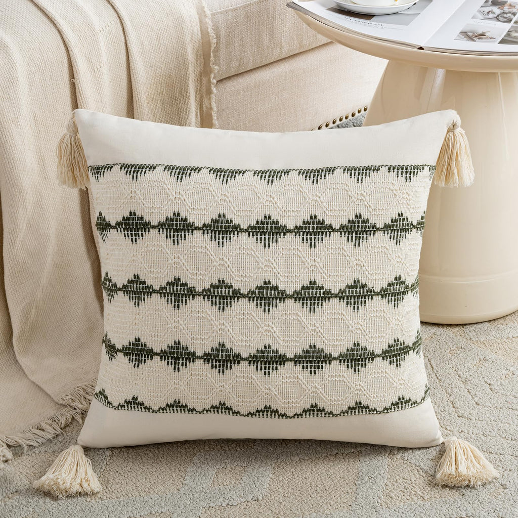 Set of 2 Boho Olive Green Decorative Throw Pillow Cover 20x20 Inch for Couch Bed Sofa, Aesthetic Organic Farmhouse