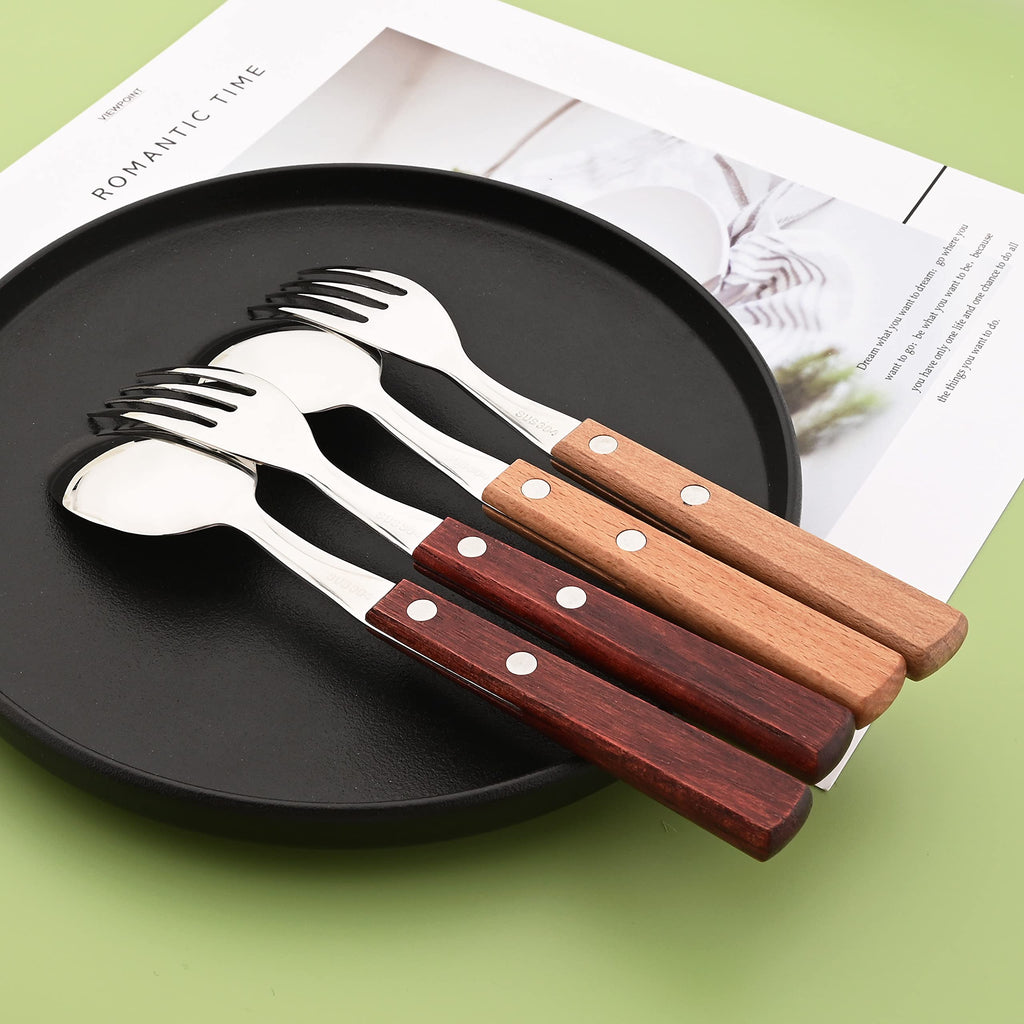 Wooden Handle Flatware Set, Knives Forks Spoons Set for 6, 24-Piece 304 Stainless Steel Kitchen Utensils Set