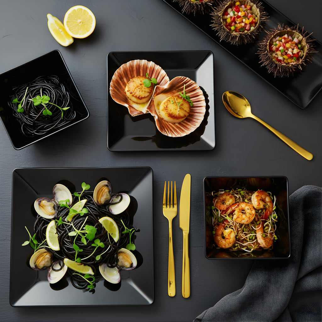 TP 12-Piece Melamine Dinnerware Sets, Square, Service for 4, Black