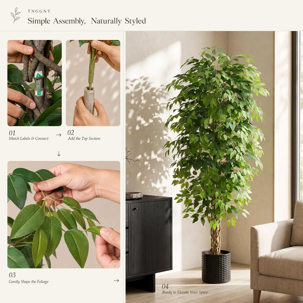 Artificial Ficus Tree:6FT Tall Faux Silk Floor Plant (Black Planter)