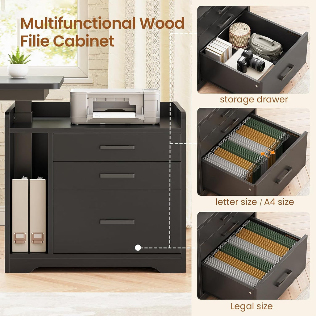 L Shaped Standing Desk with File Cabinet, 3 Drawers, Power Outlet | 63 x 53'' Electric Height Adjustable Gaming