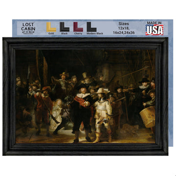 Cabin The Night Watch by Van Rjin Rembrandt | Canvas in Black Flat Frame | Fine Artwork Painting Reproduction